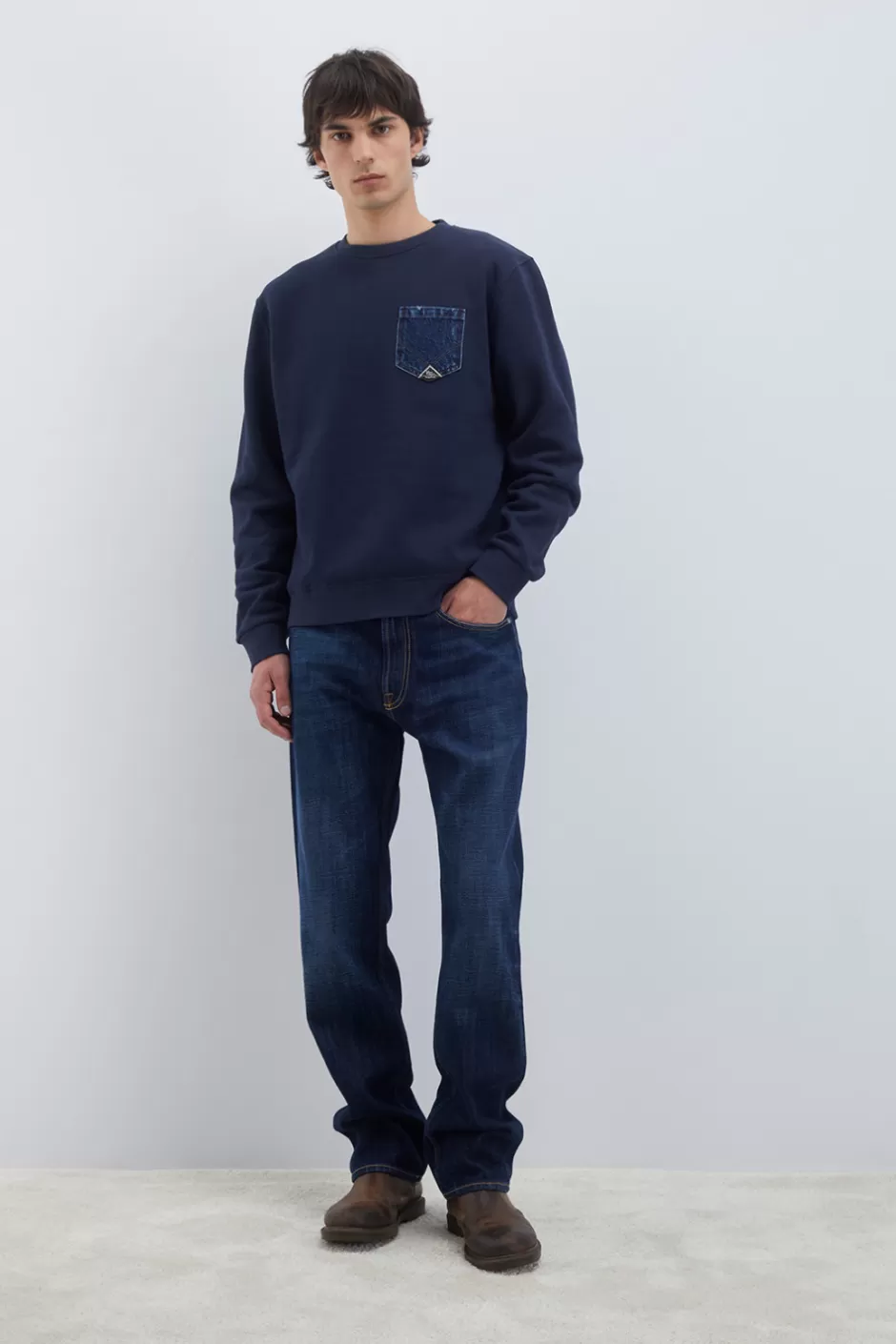 Uomo Roy Rogers Felpa Pocket Girocollo Brushed
